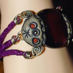 Leather Bracelet Purple Glass Metal Bohemian Artisan Gothic Fantasy Adjustable